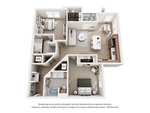 A 3D floor plan of a house with labeled rooms.